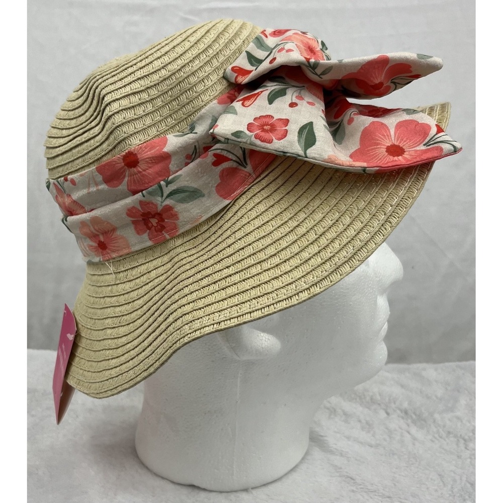 NWT New Isaac Mizrahi New York Women Straw Sun Hat Tan Floral Bow Wide Brim OSFM